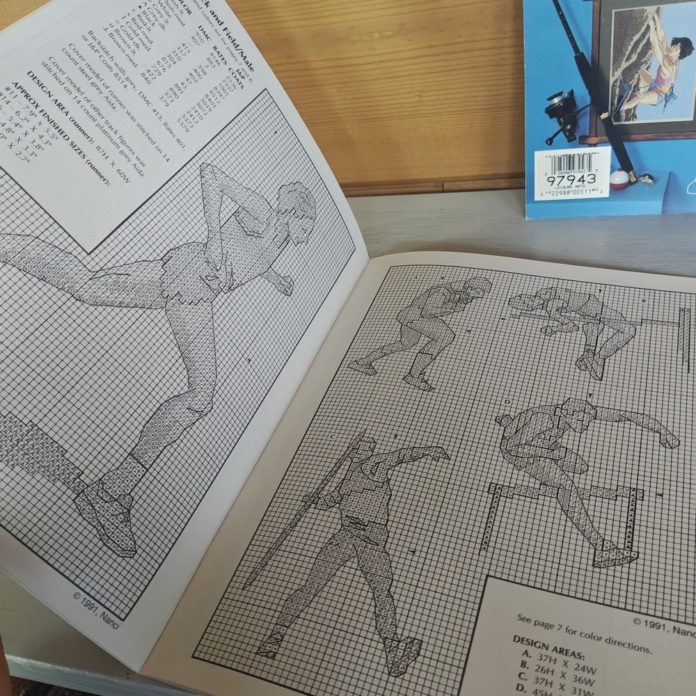 Set of 2 Vintage Sports Themed Cross-Stitch Patterns Skiing Hockey Baseball F3 - Picture 4 of 5